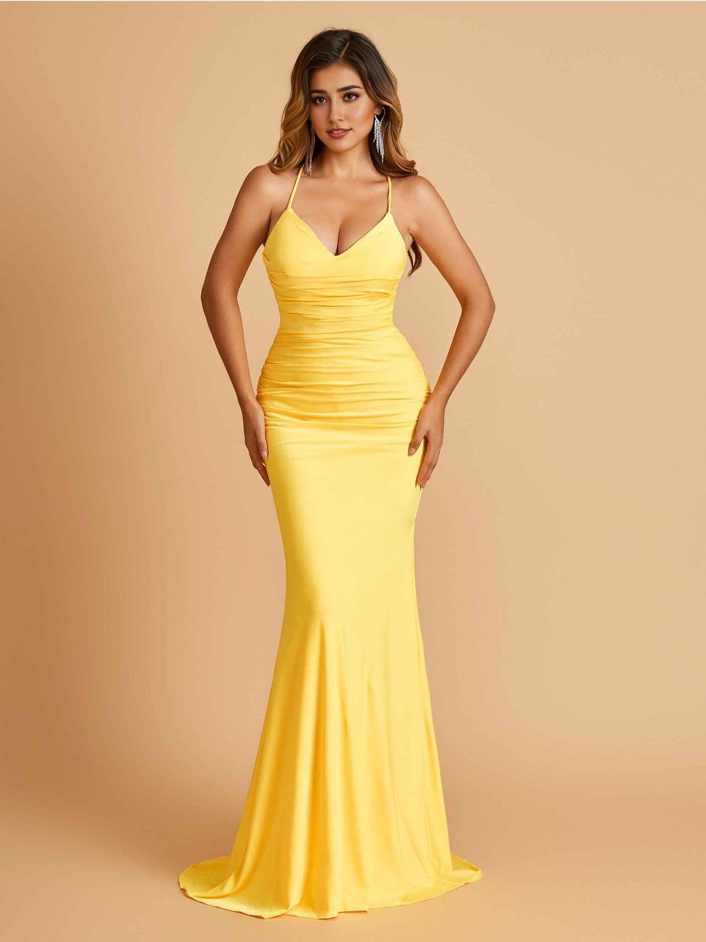 Sexy Jersey Spaghetti Straps Prom Dresses V-neck Mermaid Criss-cross Back Floor Length